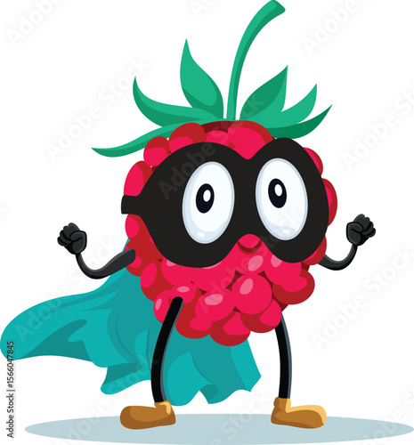 Superhero Raspberry Vector Cartoon Mascot Character. Happy berry fruit feeling strong and powerful 
