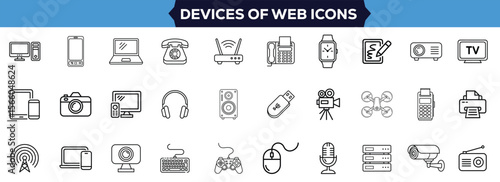 Modern Devices Icons Collection Featuring Monitors, Laptops, Smartphones, Tablets, Drones, and Smart Gadgets for Technology Websites and Mobile Apps Vector Illustration Design