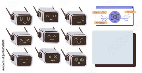 Robotic faces displaying various emotions, antennae emphasizing interaction accompanying tech screen with molecular icon. Ideal for AI, robotics, emotions, technology, innovation, science, and simple