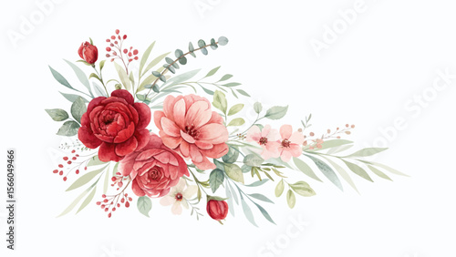 Beautifully arranged floral composition featuring soft watercolor flowers, botanical elements, elegant blooming branches, ideal for wedding invitations and greeting card templates