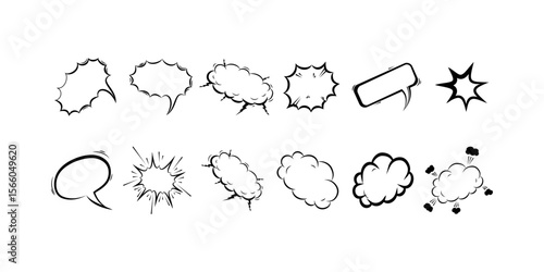 Set of bold comic speech bubbles in black and white. Ideal for retro comics, cartoon design, pop art projects, and dynamic visual storytelling