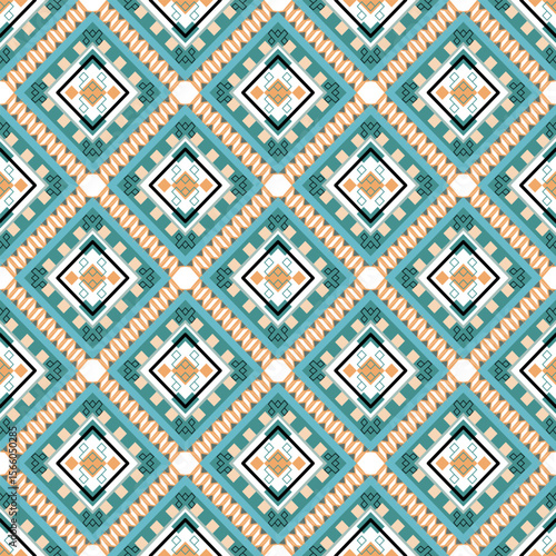 vector seamless pattern tribal, geometric, textile, Native American and Mexican inspired shapes warm green tones,fabric design, wallpaper, rug textures, clothing prints,traditional decorative crafts.