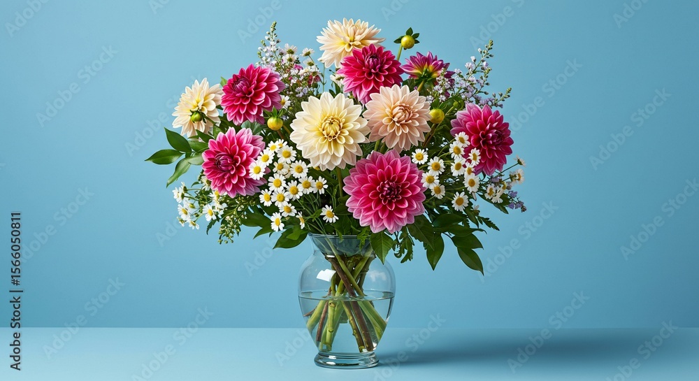 Obraz premium Fresh vibrant dahlias and white daisies bouquet on blue background