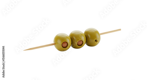 Three green olives on a toothpick isolated PNG with Transparent Background