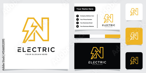 Initial N Letter with Lightning Bolt Logo Vector Design with business card design