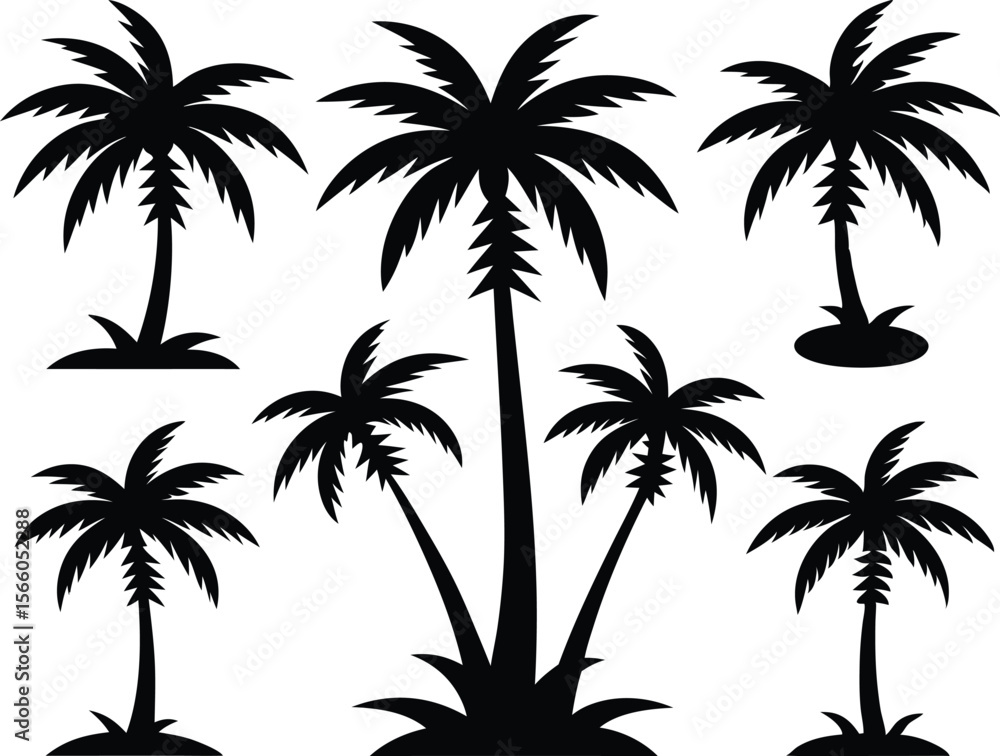 Fototapeta premium Silhouette of palm trees, Collection of silhouette palm trees arranged in different styles and sizes for tropical-themed design