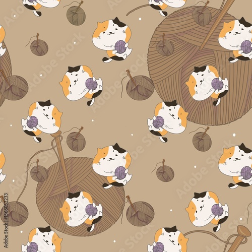 Seamless pattern of kitten cartoon with yarn balls illustration on aesthetic earth tone color background. Can print it on fabric, stationery, gift paper, wall art cover, bed cover, etc. 