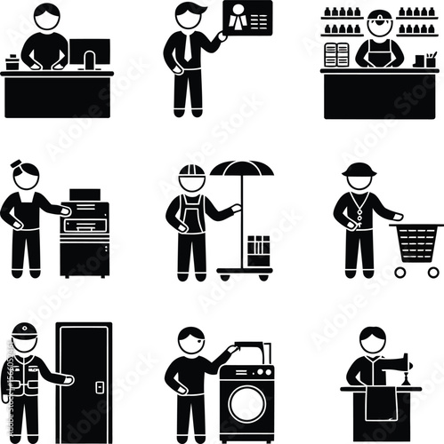 Diverse professionals and services illustrated with simple black and white icons
