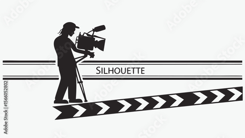 Silhouette of a filmmaker with camera on tripod and film slate on a white background with stripes