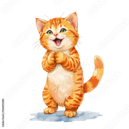 Cute orange kitten standing and smiling with paws together  
