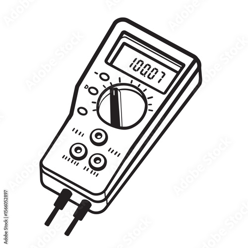 Black and white line art illustration of a digital multimeter measuring voltage