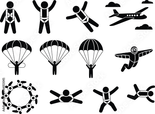 Collection of skydiver icons showing different stages of freefall and parachuting