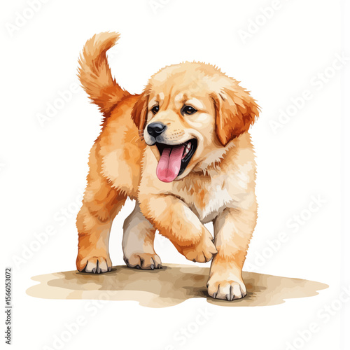 Playful golden retriever puppy running and smiling on white background  