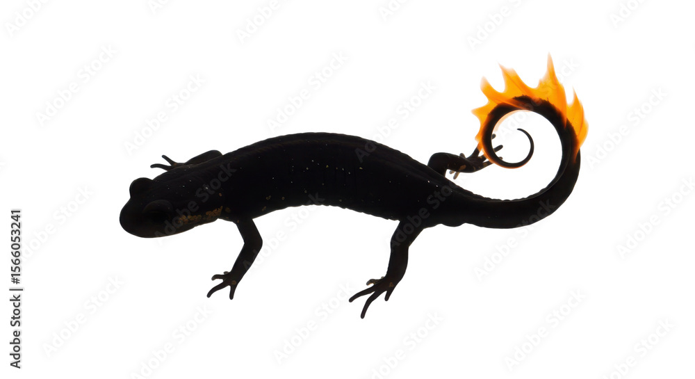 Naklejka premium Black salamander silhouette with flaming tail isolated on white background