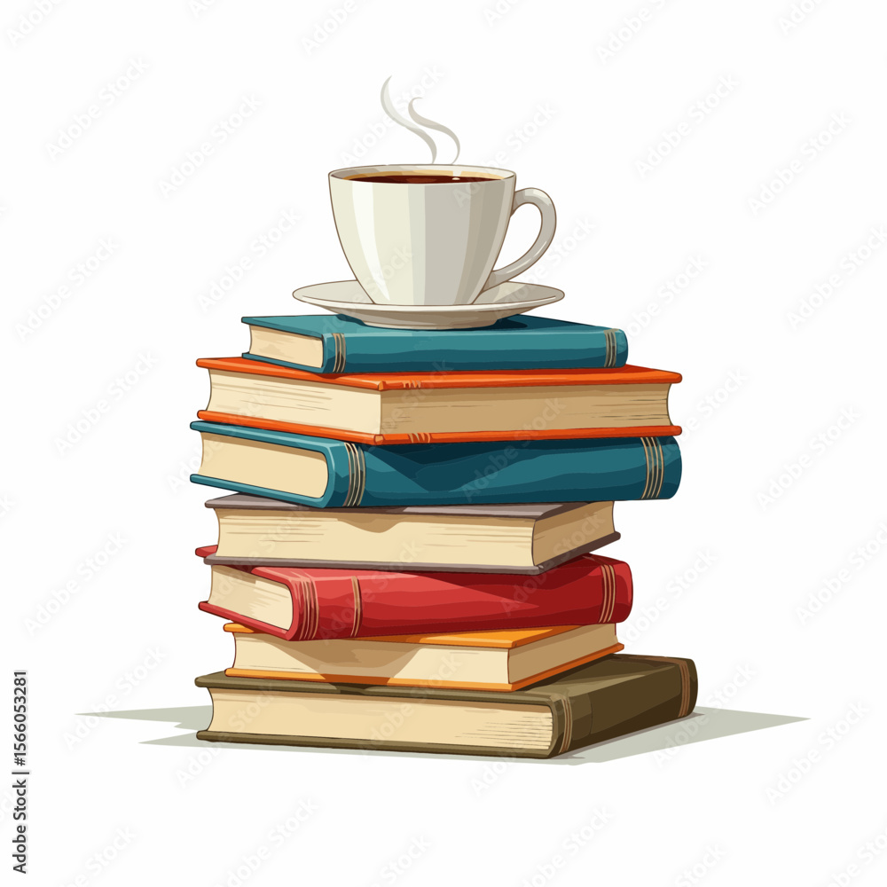 Naklejka premium Stacked colorful books with a coffee cup on top in flat design 