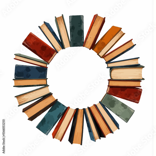 Books arranged in a circular pattern on white background  