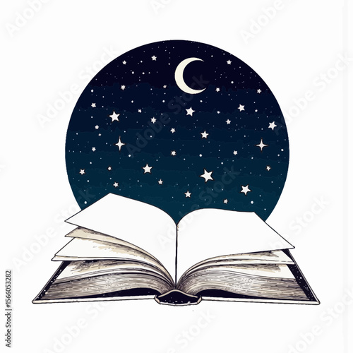 Open book with night sky, stars, and crescent moon illustration  