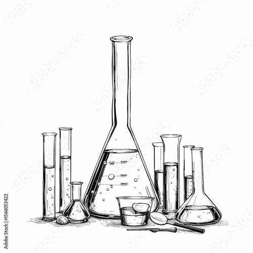 Laboratory glassware in black and white sketch style with liquids  