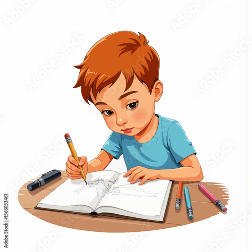 Young boy writing in notebook with colored pencils on desk  