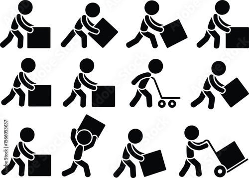 Collection of stick figure icons showing people moving and transporting boxes