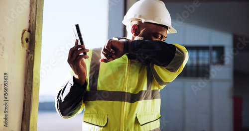 Quadro em tela Construction, sick and man cough outdoor with phone for communication, planning and inspection