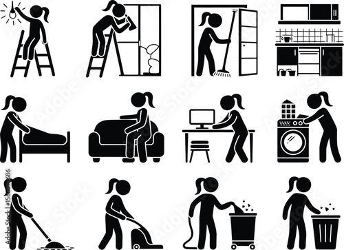 Woman performing various household chores and activities in a clean home environment