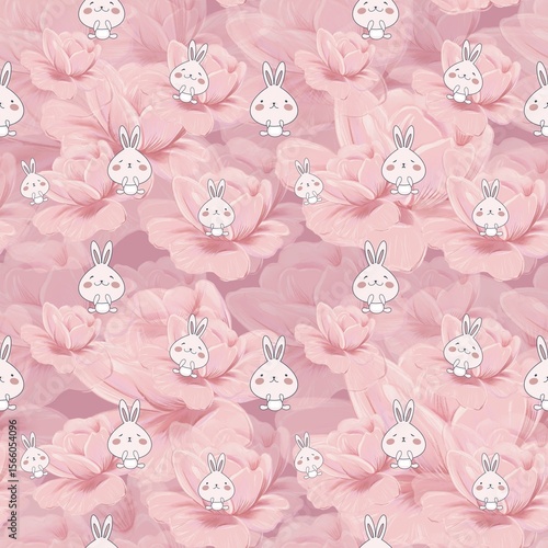 Seamless pattern of cute little bunny cartoon on flowery pink background. Can print it on fabric, stationery, gift paper, wall art cover, bed cover, etc. 