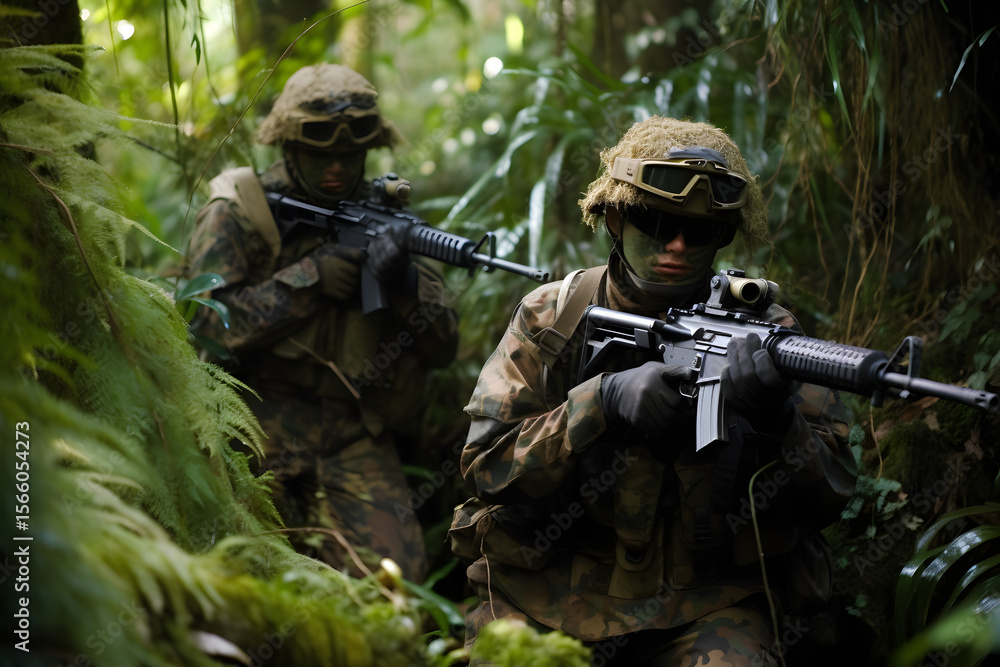 Fototapeta premium Soldiers in Camouflage Gear Navigating Dense Jungle Terrain