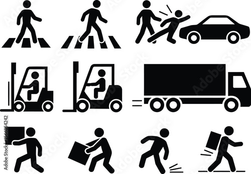 Collection of black and white pictograms representing transportation and safety icons