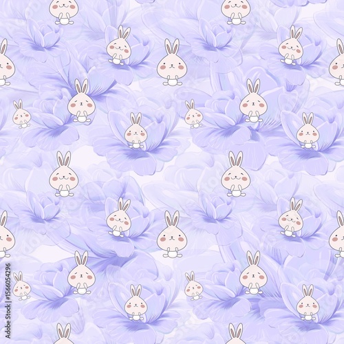 Seamless pattern of cute little bunny cartoon on flowery purple background. Can print it on fabric, stationery, gift paper, wall art cover, bed cover, etc. 
