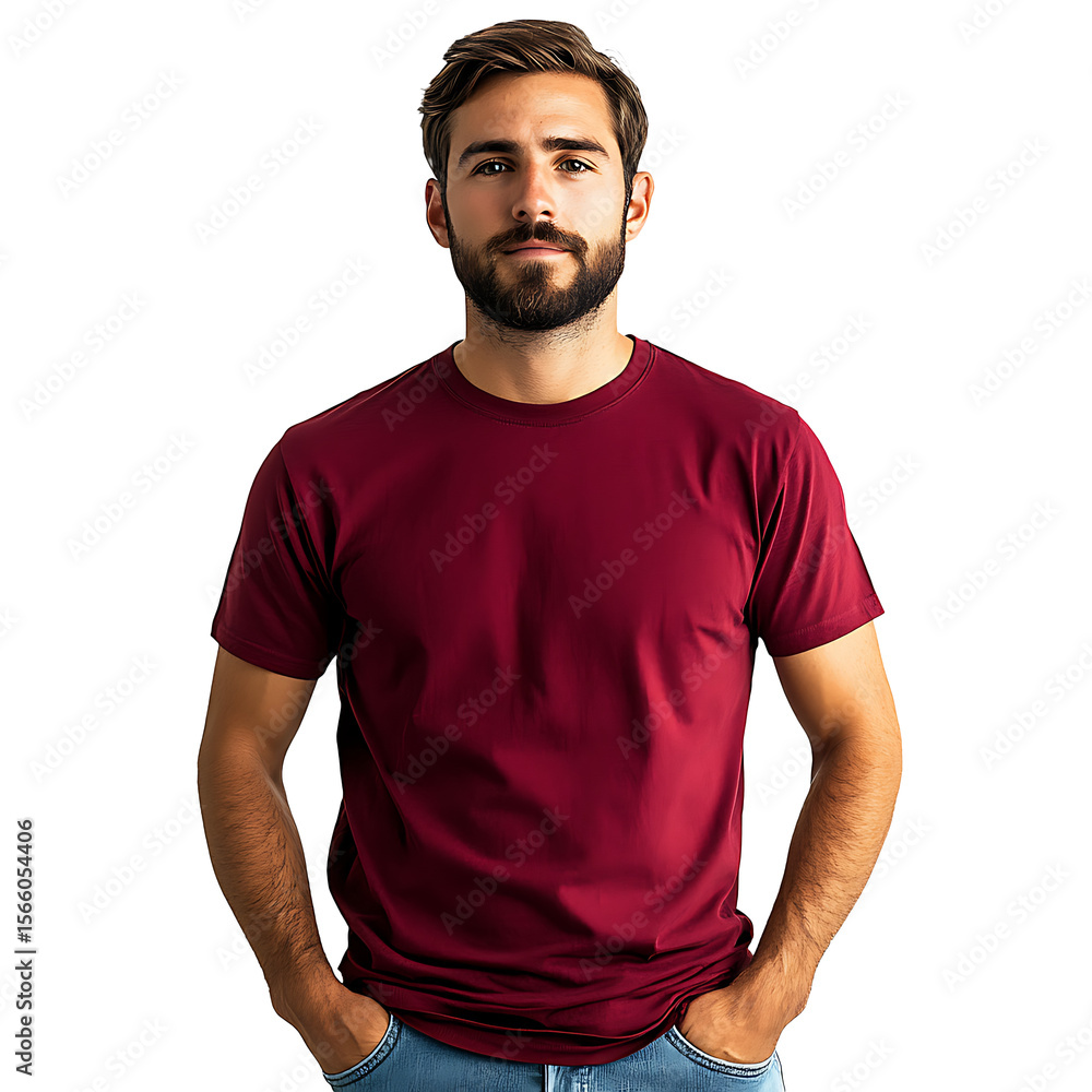 Obraz premium Confident young man in maroon t-shirt standing casual isolated on transparent background