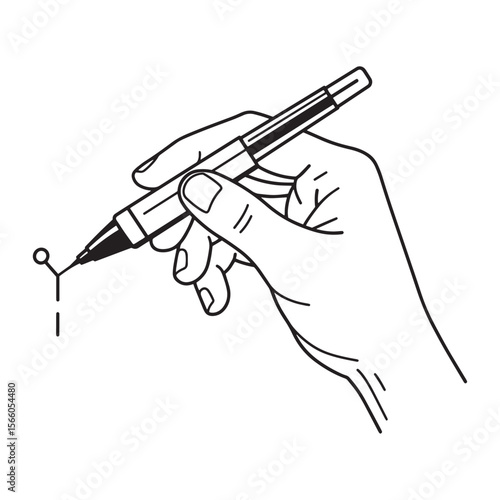 Hand holding a pen with drawing outline representing creativity and creation on white background