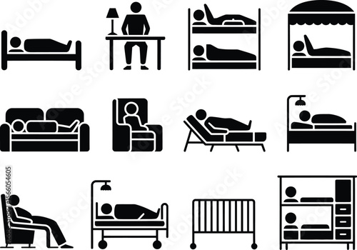 Collection of stick figure icons representing people sleeping in various beds and furniture