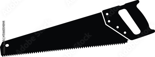 A black silhouette of a hand saw is isolated on white background