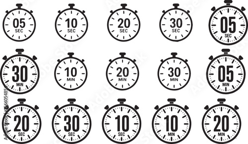 Timer and Stopwatch Icon Set – Countdown Clock Symbols with 5 to 30 Seconds and Minutes – Vector and Transparent PNG