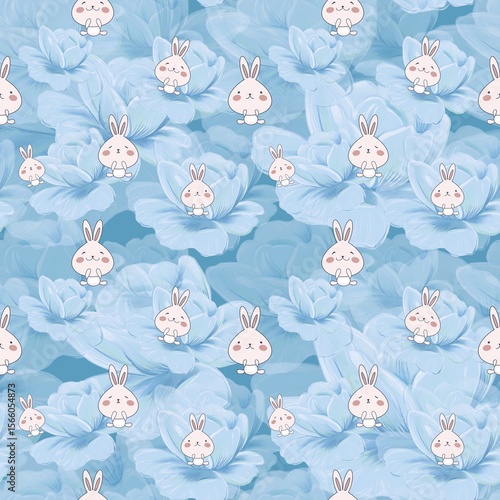 Seamless pattern of cute little bunny cartoon on flowery blue with slghtly green background. Can print it on fabric, stationery, gift paper, wall art cover, bed cover, etc. 
