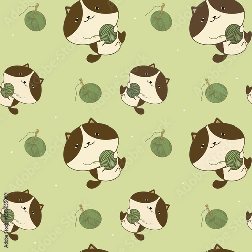 Seamless pattern of cat and yarn balls cartoon on soft matcha green color background. Can print it on fabric, stationery, gift paper, wall art cover, bed cover, etc. 