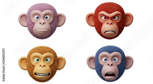 Four cartoon monkey heads in different colors