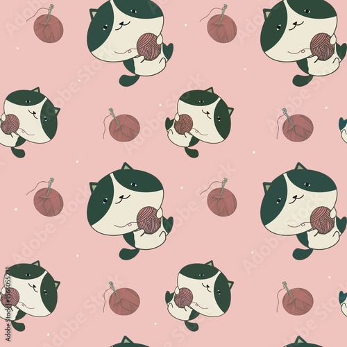 Seamless pattern of cat and yarn balls cartoon on soft retro pink  color background. Can print it on fabric, stationery, gift paper, wall art cover, bed cover, etc. 