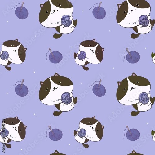 Seamless pattern of cute cat cartoon with yarn balls on purple background. Can print it on fabric, stationery, gift paper, wall art cover, bed cover, etc. 