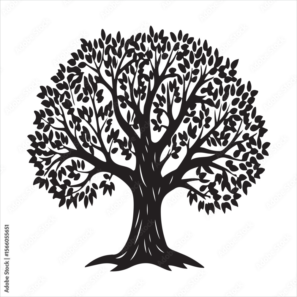 Naklejka premium Stylized black silhouette of a large deciduous tree with a full canopy on a white background