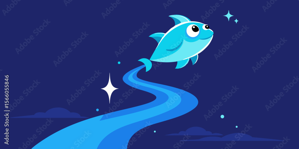 Fototapeta premium Cartoon Fish Jumping From Magical Glowing Stream