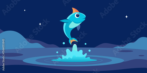 Cartoon Fish Jumping From Magical Glowing Stream