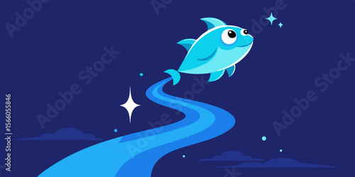 Cartoon Fish Jumping From Magical Glowing Stream