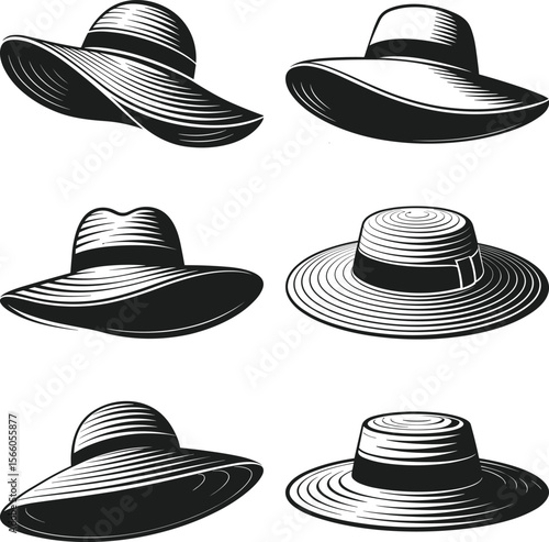 Set of Elegant Sun Hats Silhouette Vector for Fashion and Summer Design Projects
