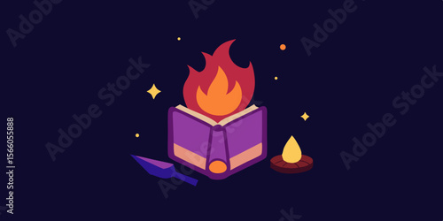 Cartoon Spell Book Glowing Beside Dark Campfire