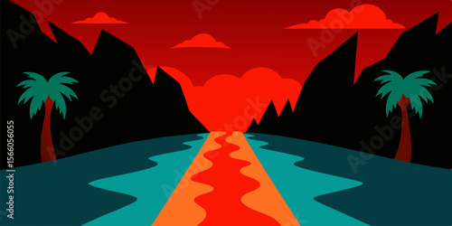 River Splitting Through Jungle With Glowing Red Ro