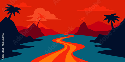 River Splitting Through Jungle With Glowing Red Ro
