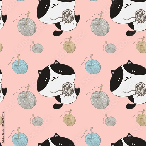 Seamless pattern of black and white cat cartoon playing with yarn balls on pastel pink color background. Can print it on fabric, stationery, gift paper, wall art cover, bed cover, etc. 