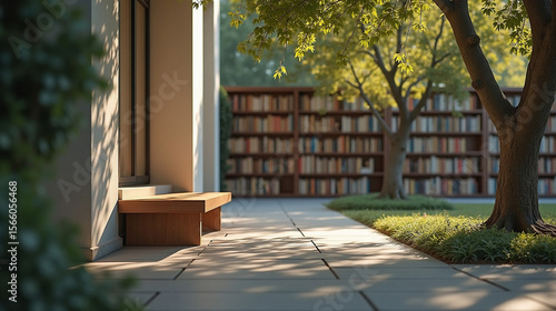 Fototapeta Naklejka Na Ścianę i Meble -  Open Courtyard with Bookshelves and Tree Shadows in Natural Light
